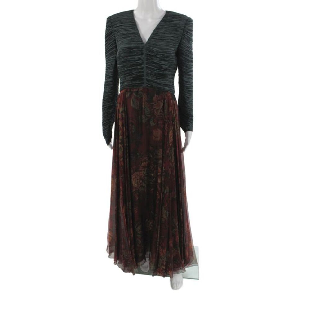 Mary McFadden Womens Green Ball Gown Maxi Dress V Neck Long Sleeve Size 10